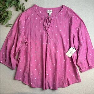 St. John's Bay Boho Blouse Top Clip Dot Fuchsia Pink 3/4 Sleeve Size XL Petite